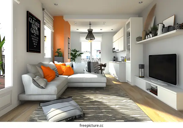 Modern Living Room Interior Design with Orange Wall and Sofa