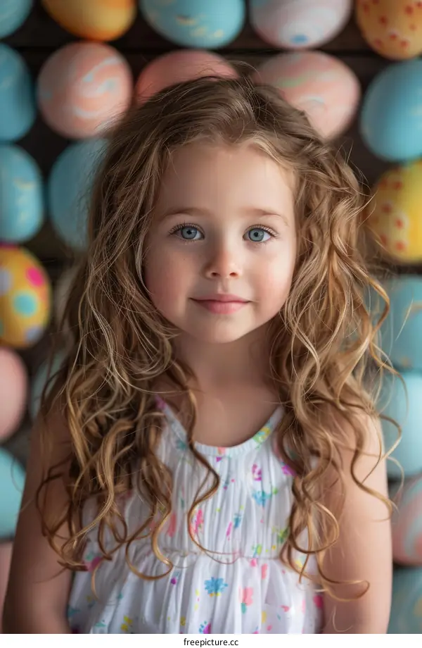 Little girl with curly hair standing in front of colorful Easter eggs