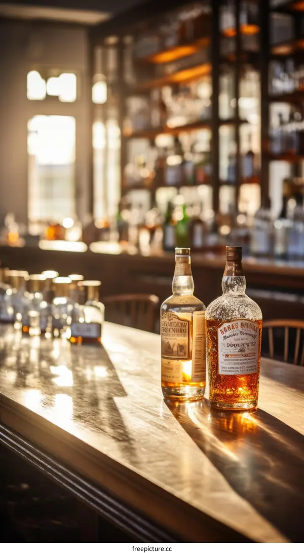 Two bottles of whiskey on a bar counter