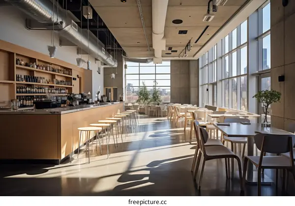 An illustration of a modern and spacious restaurant with large windows