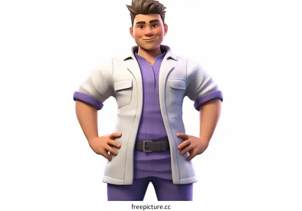 A male scientist wearing a lab coat and purple shirt smiles.