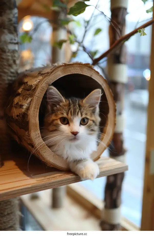 A cute tabby kitten peeking out of a wooden tunnel