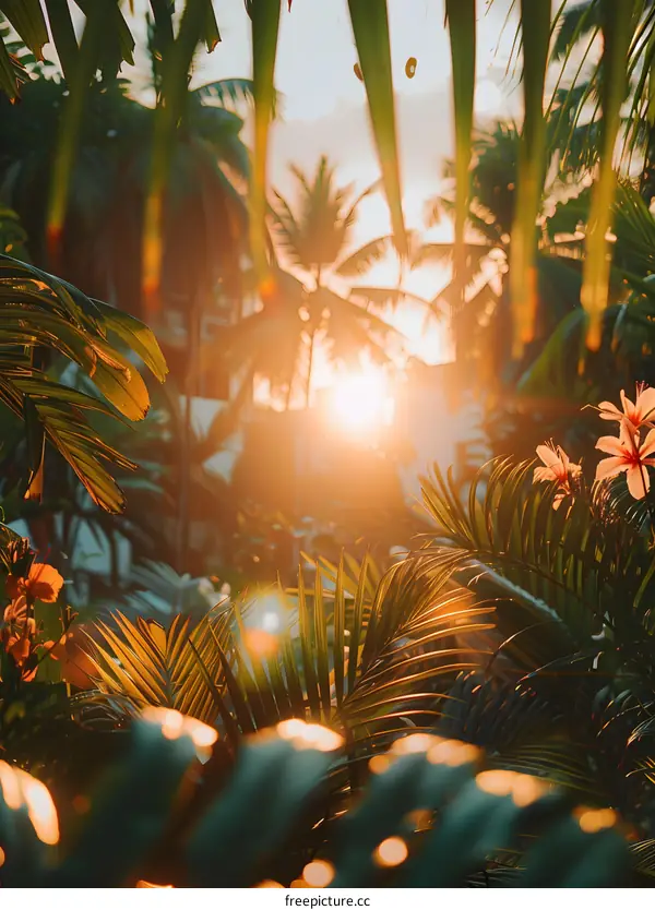 Sunlight shining through the leaves of palm trees