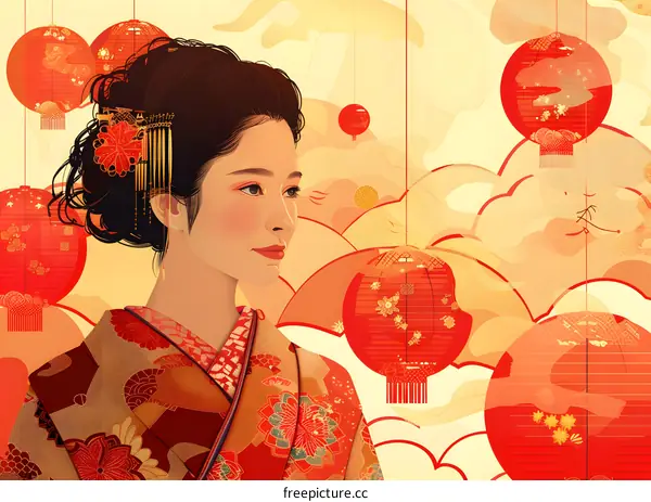 A beautiful Japanese woman in a red kimono standing in front of a red and gold background with a pattern of round lanterns.