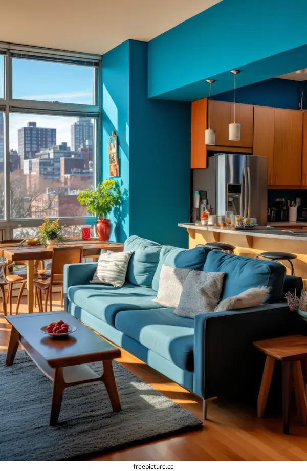 Contemporary Blue Living Room with City Views