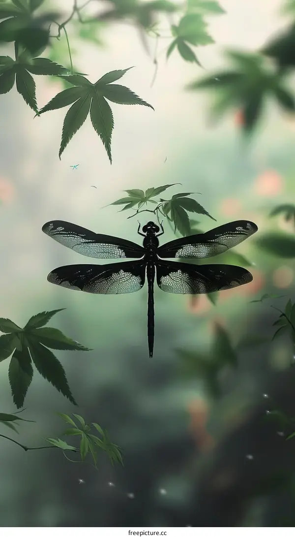 A dragonfly at rest on a vibrant green leaf in a lush forest