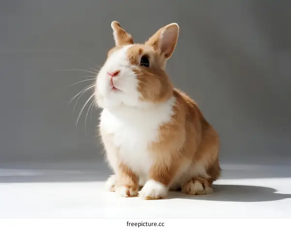 A small, fluffy brown and white rabbit sitting on white surface