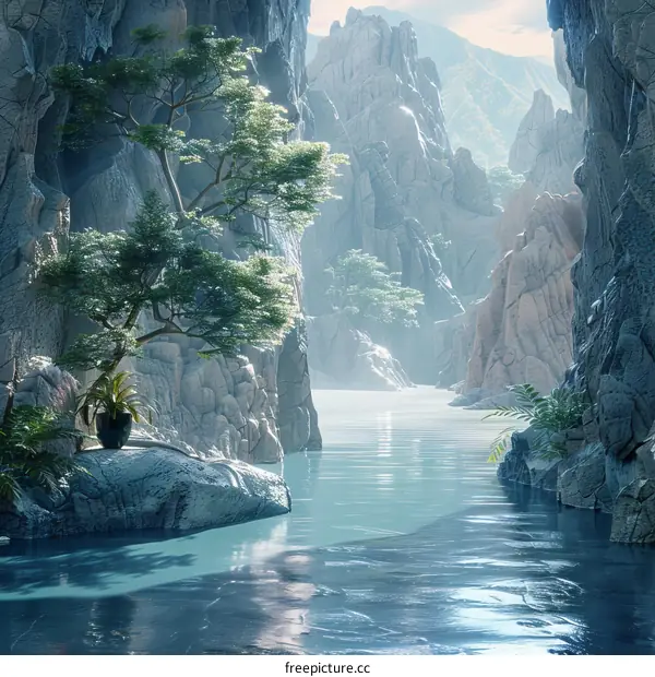 Peaceful Mountain Gorge Scenic Landscape Illustration