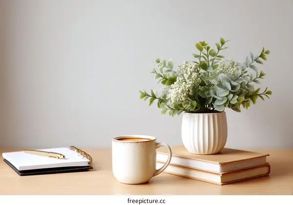 Simple Workspace with Coffee and Plants