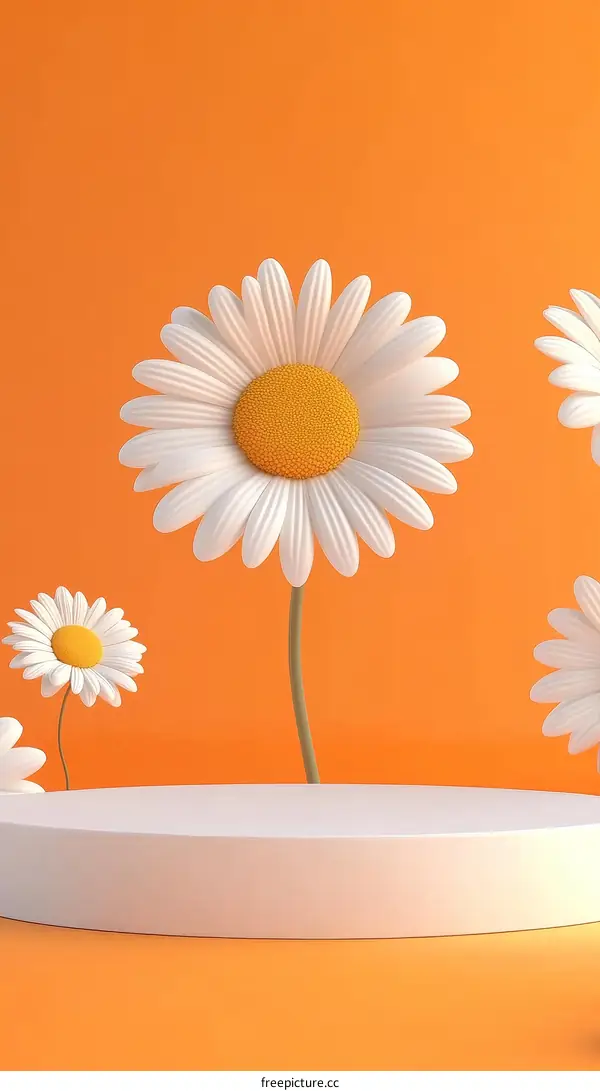 White Daisies on Orange Background with a White Podium