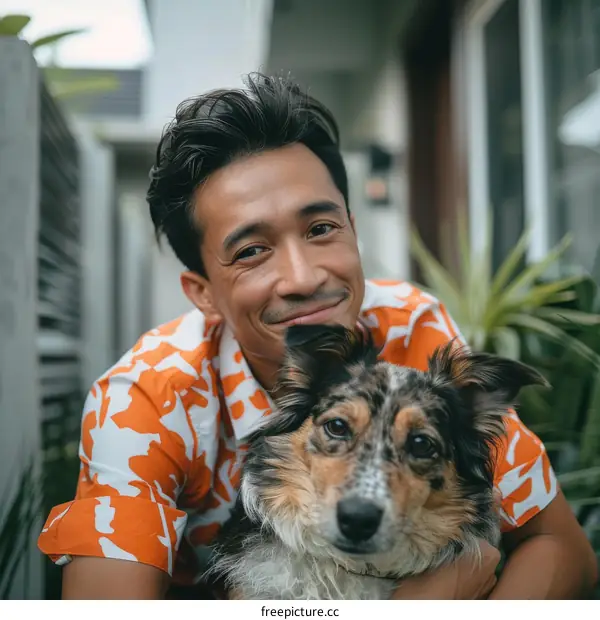 A smiling man hugging a dog