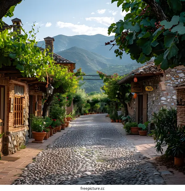 Cobblestone Street in a Mountain Village with Lush Greenery