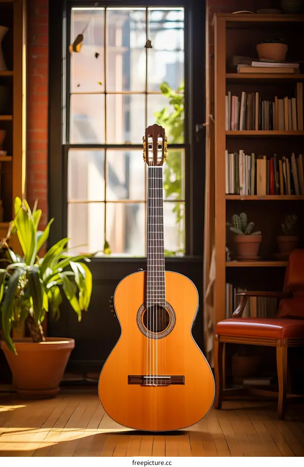 Classical Guitar in a Sunlit Room with a Window, Plant, and Bookshelf