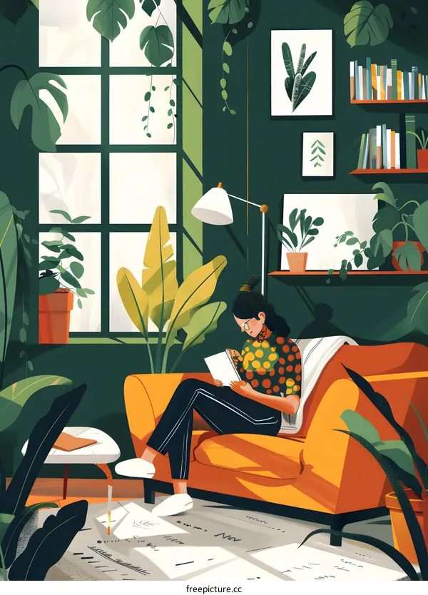 Woman Reading a Book on a Couch in a Green Living Room