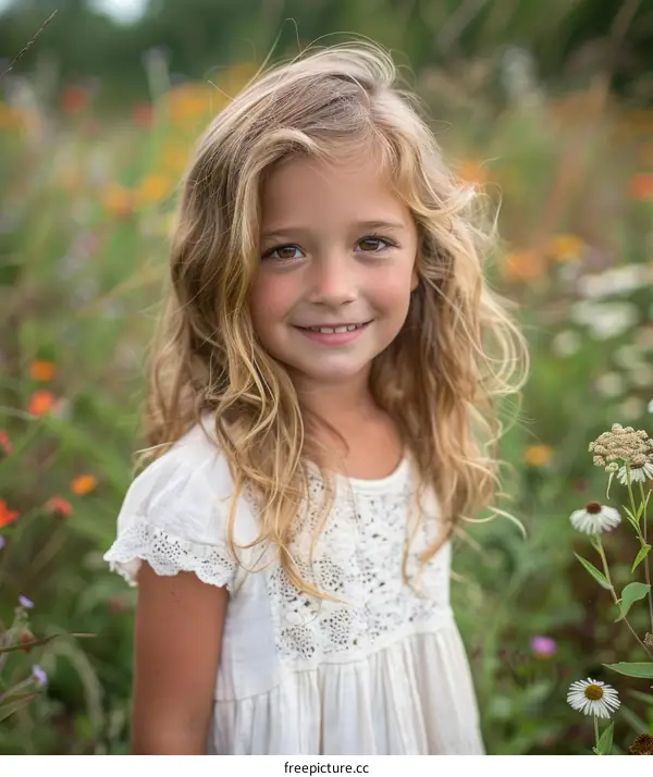 Portrait of a smiling blonde girl in a white dress standing in a field of flowers