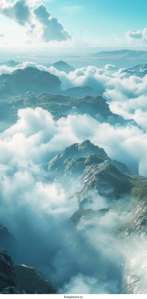 The mountain peaks are surrounded by clouds and mist, and the scenery is magnificent