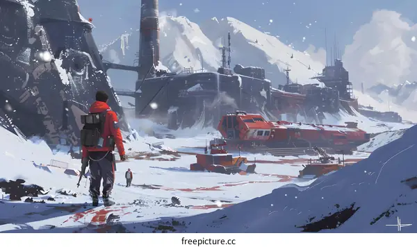 Snowy Mountain Landscape With Futuristic Buildings and Two People