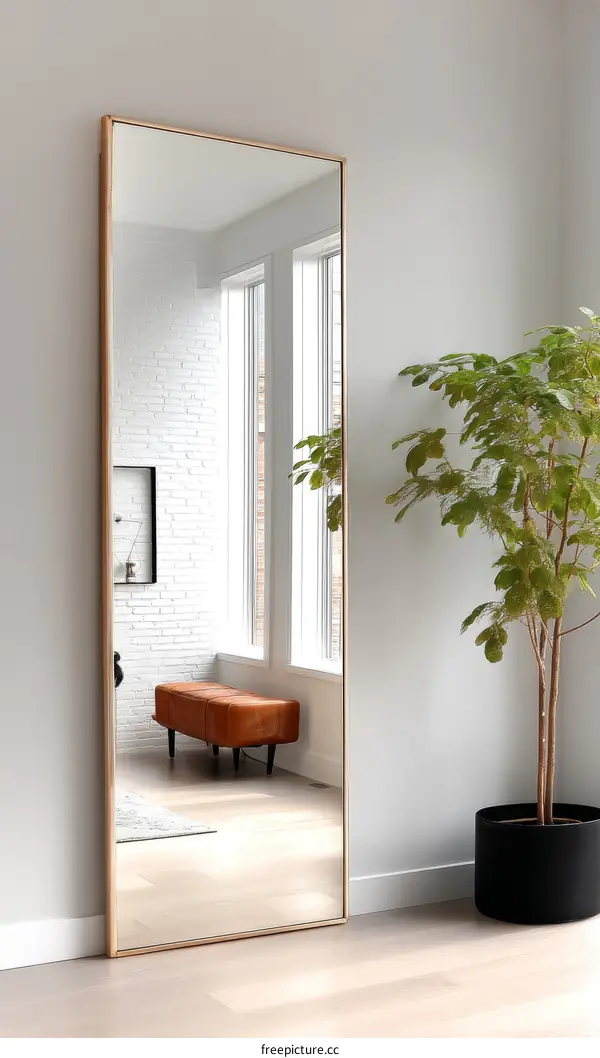 Modern Gold Framed Full Length Mirror in a Bright Room