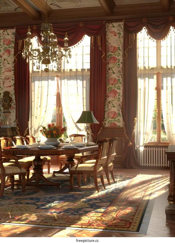 Classic Dining Room Interior with Floral Wallpaper