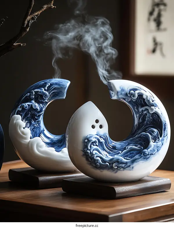 Blue and White Ceramic Incense Burner with Wave Design