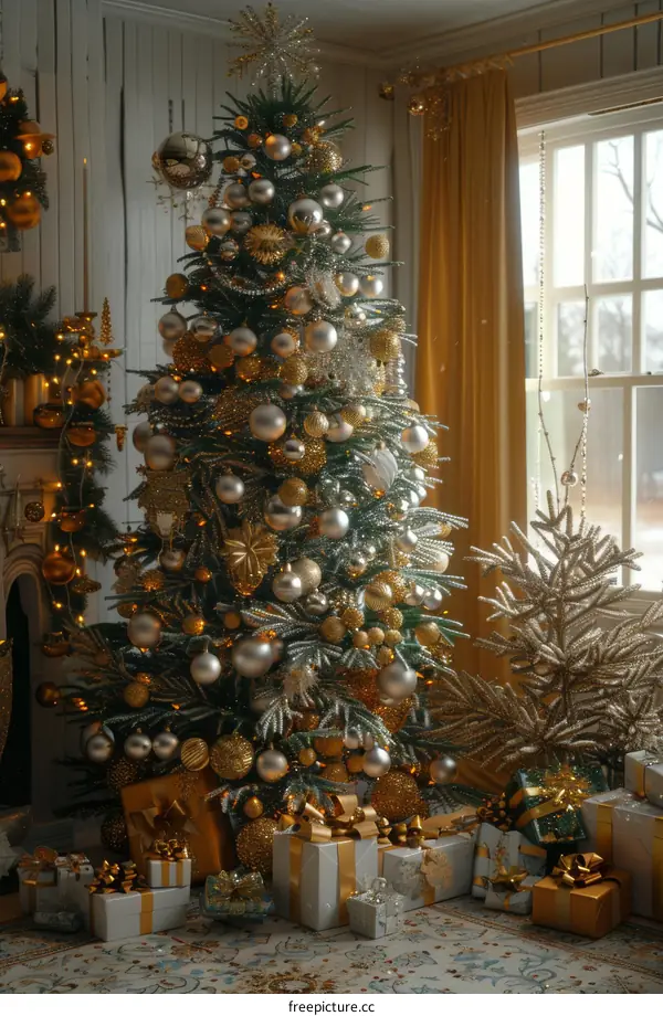 Sparkling Christmas Tree with Gold and Silver Ornaments and Presents