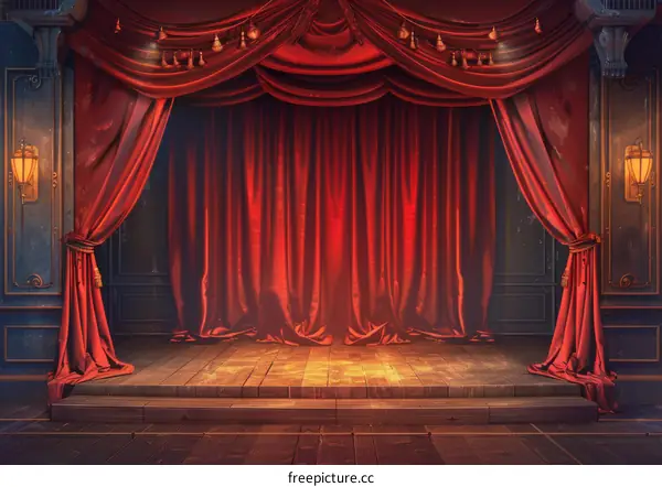 Vintage Theatre Stage with Red Velvet Curtain and Spotlight