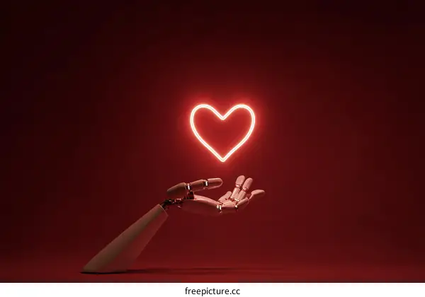 Artificial hand holding a glowing heart