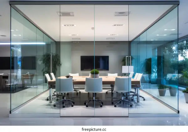 Modern glass conference room with white chairs and a large TV