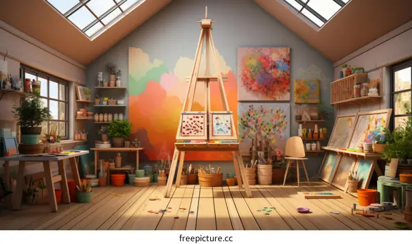 Art studio with paintings and supplies