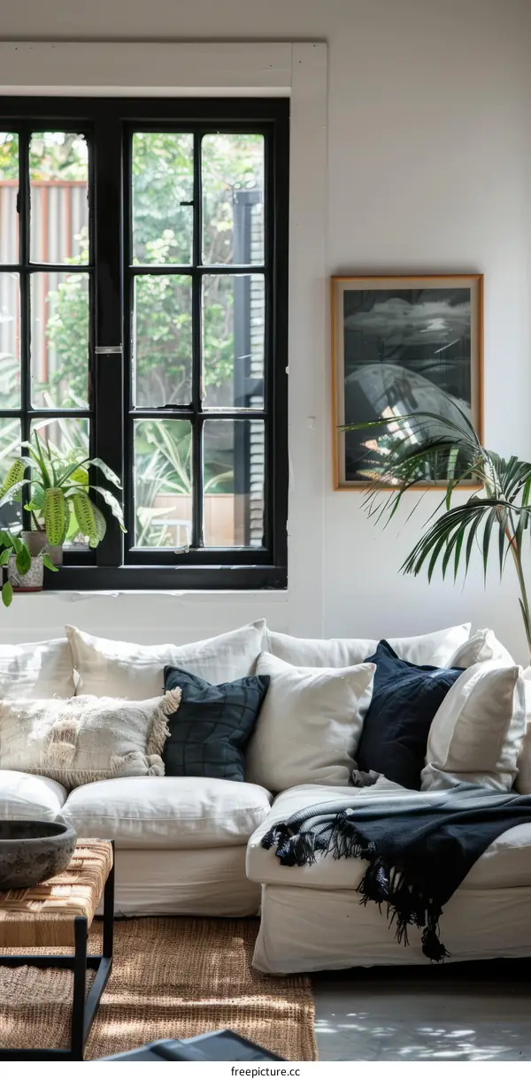 A bright living room with a large window, a sofa, and a rug