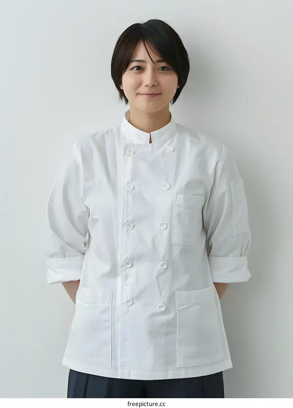 Portrait of a young female chef in a white coat