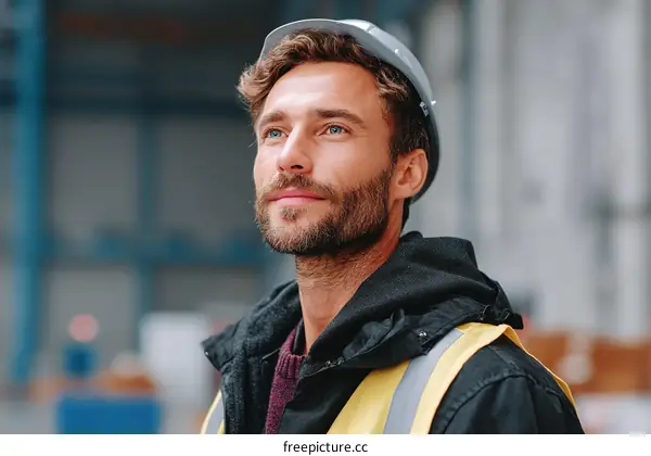 Caucasian Male Construction Worker Looking Upward
