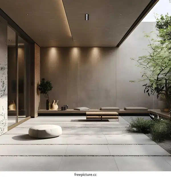 Modern Japanese Minimalist Patio Design with a Concrete Wall and Wooden Bench