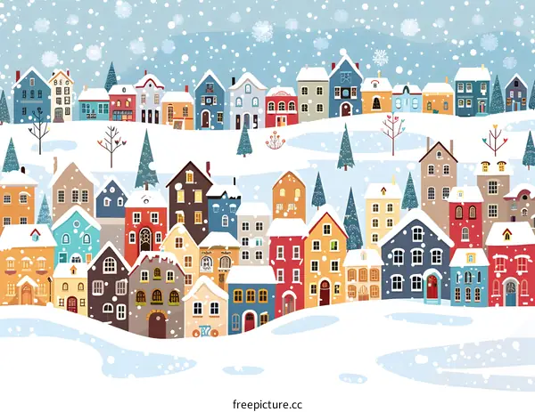 Winter Village Illustration with Snowy Landscape
