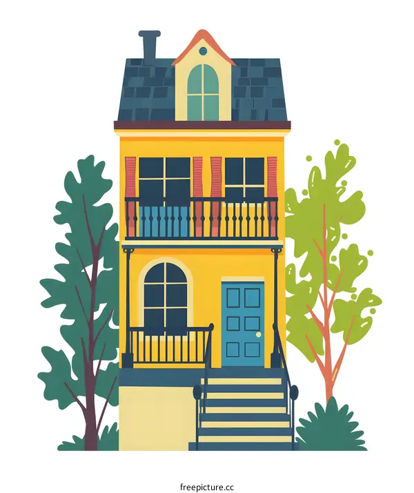 Yellow House with Balcony and Stairs Illustration