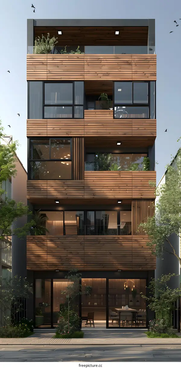 The beautiful wooden house with the green plants growing on the balcony