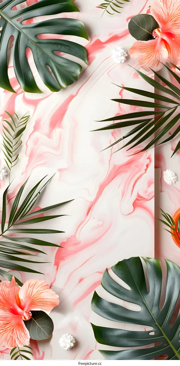 Tropical Floral Background with Pink and White Marble