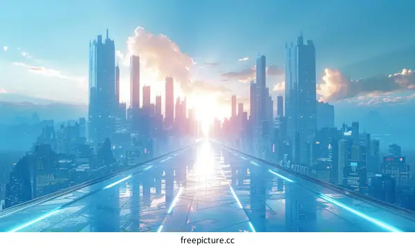 futuristic city with skyscrapers and a long road into the horizon