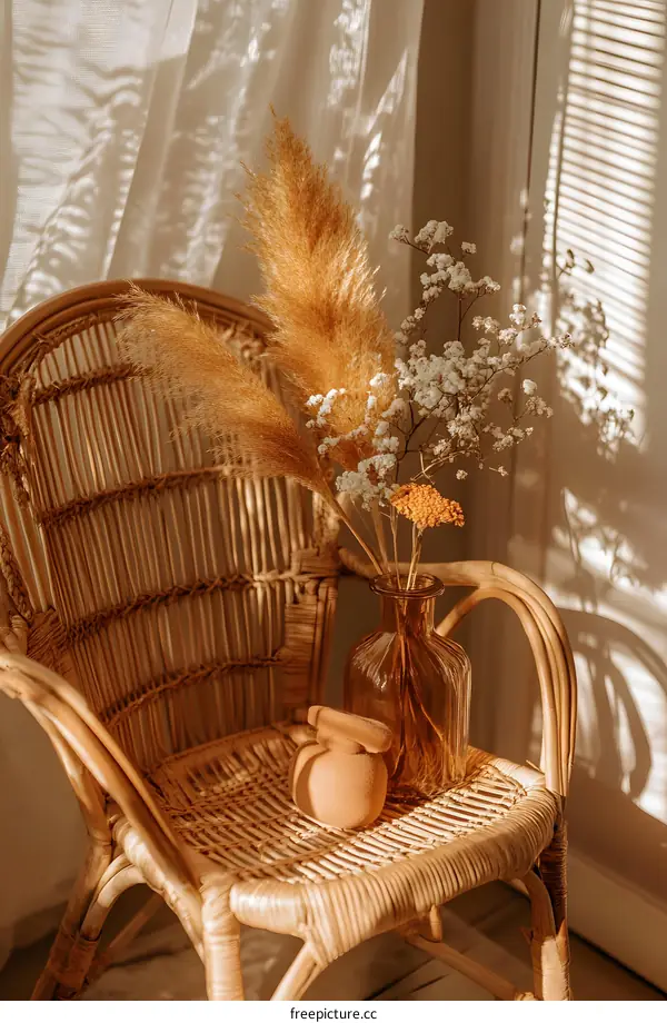 Beige Wicker Chair with Dried Flowers in a Vase