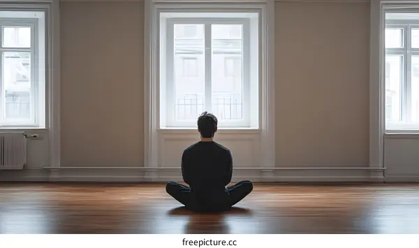 Man Sitting in Lotus Position in Room with Windows