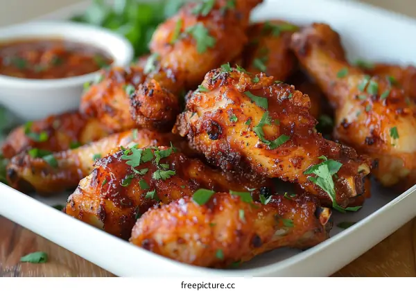 A plate of delicious looking chicken wings with a bowl of sauce