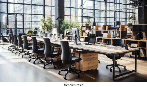 Modern office interior with large windows and wooden furniture