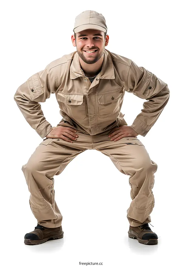 A man in a brown uniform is squatting