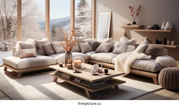 A cozy living room with a large sectional sofa, coffee table, and rug.