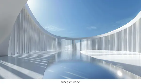 Modern architecture with curved white walls and reflective pool