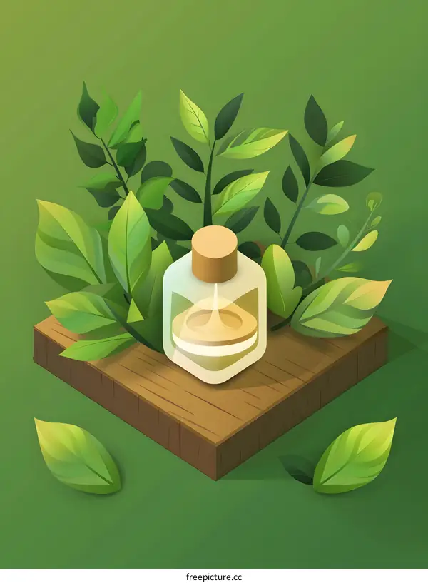 Green Leaf Background with Glass Bottle and Wooden Stand