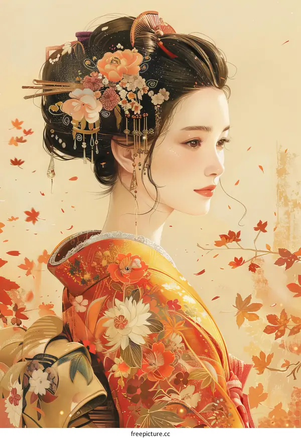 A beautiful Asian woman in a kimono with autumn leaves in the background