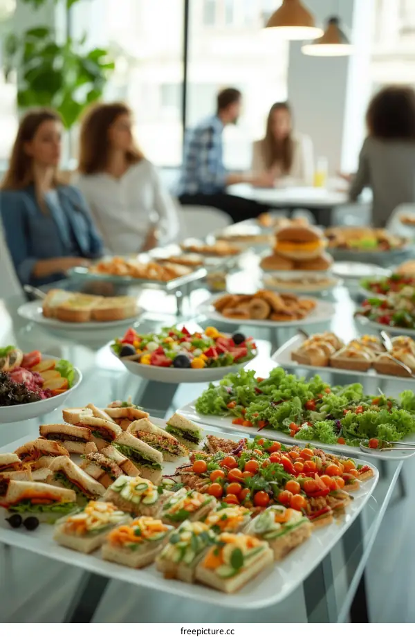 A table full of delicious food including sandwiches, salads, fruit, and vegetables