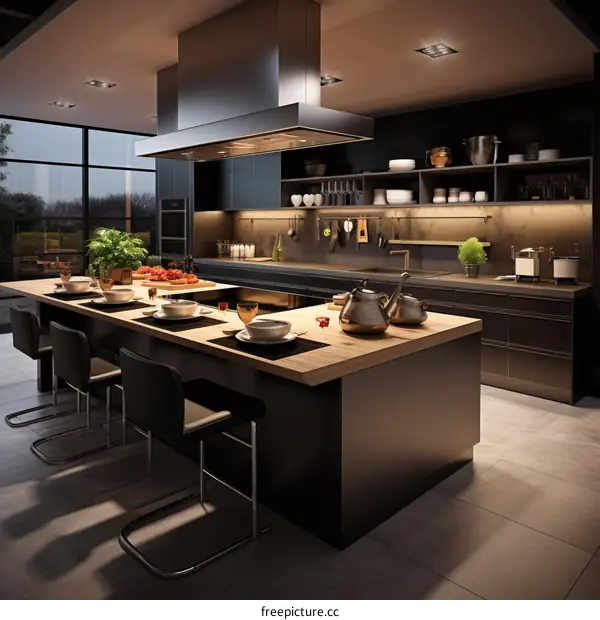 Black kitchen island with wood top and black chairs