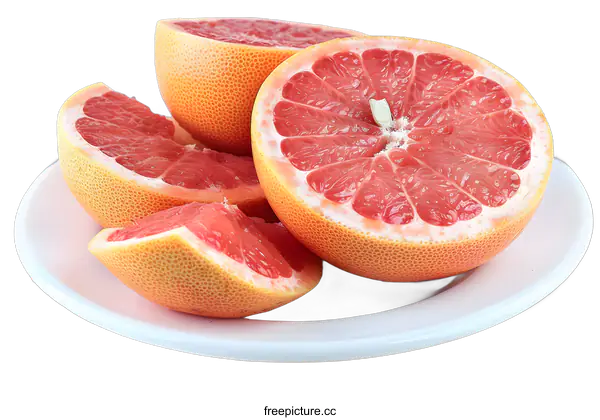 [Transparent Background PNG]Fresh Red Grapefruit Slices on White Plate